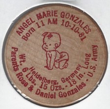1981, ANGEL MARIE GONZALEZ, Heidelberg, Germany, Rose & Daniel, Wooden Nickel