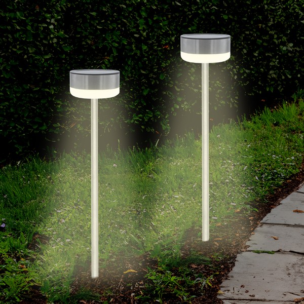 Led Solar Edelstahl Wege Leuchte - 2Er Set - Garten Deko Beleuchtung Kalt Weiß-image