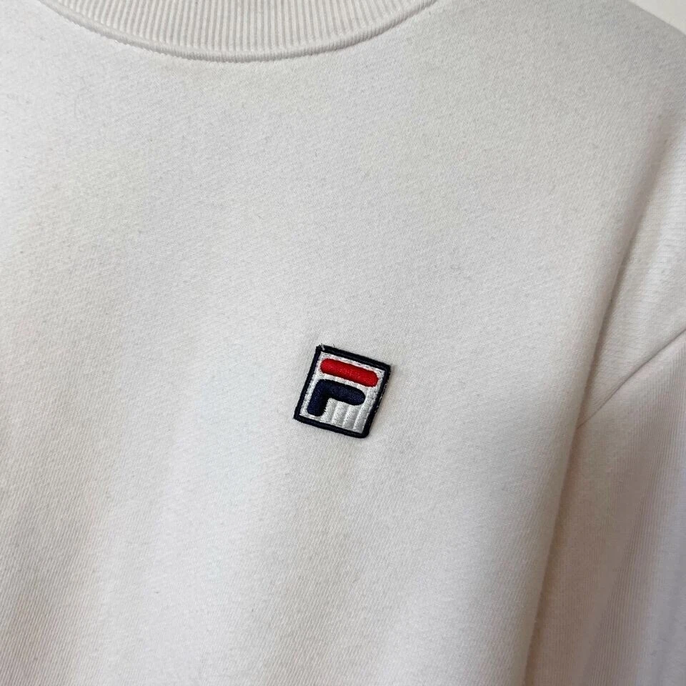 FILA Sudadera Pullover Cuello Redondo Mujer L Blanco Terry Francés Dobladillo a Rayas Y2K Foto 2 de 4