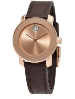 Brand New Movado Bold Women s Rose Gold Brown Leather Strap Watch 3600438
