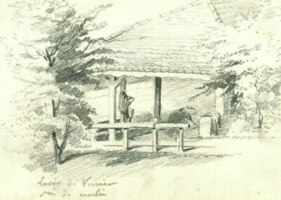 Antike Bleistiftzeichnung Lavoir du Vernier in der Nähe der Mühle Landschaft 