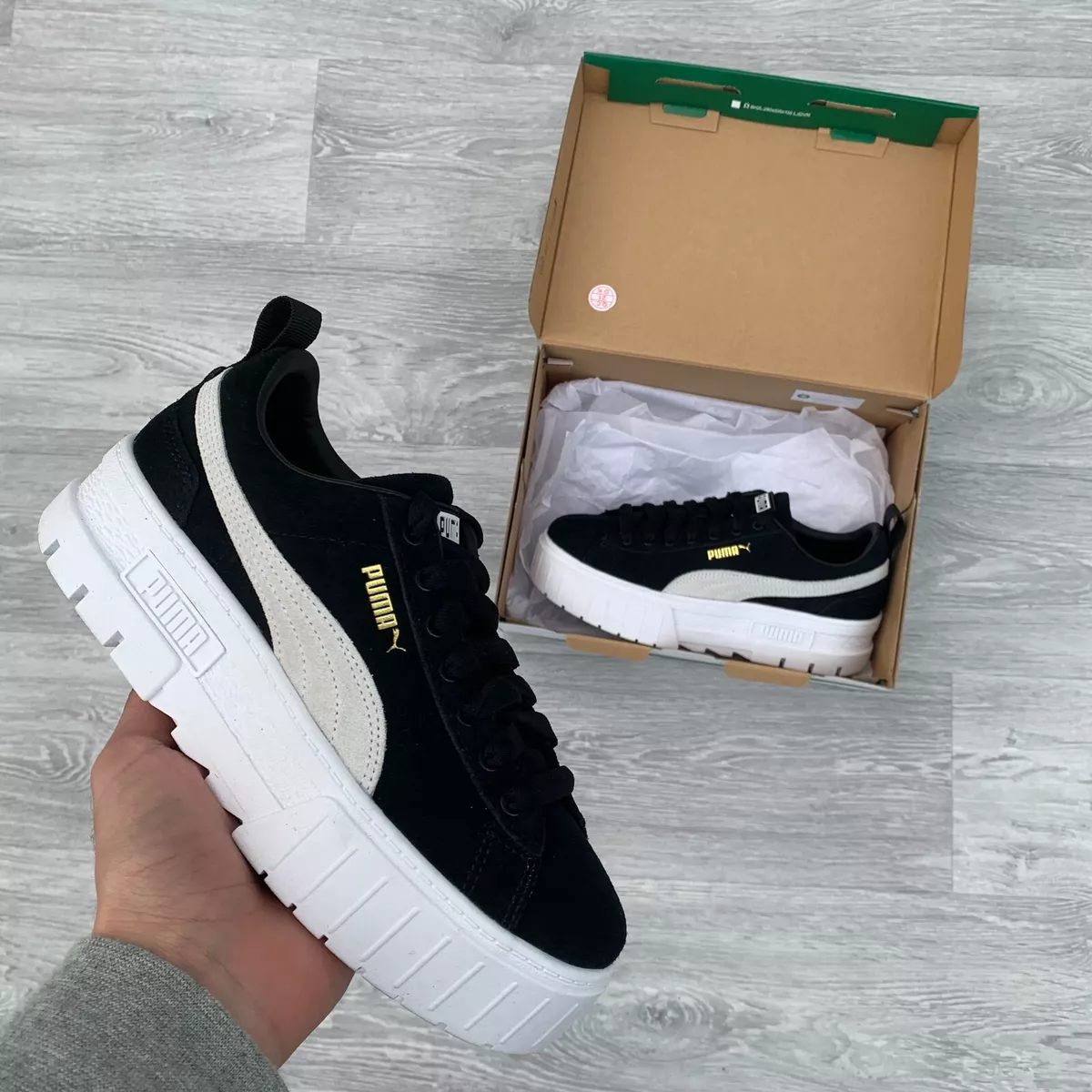 PUMA Suede Mayze Womens Platform Trainers Sneakers Black White