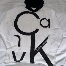 CALVIN KLEIN Kids Boys Large 14/16 T Shirt Long Sleeve Hooded White Black Hoodie