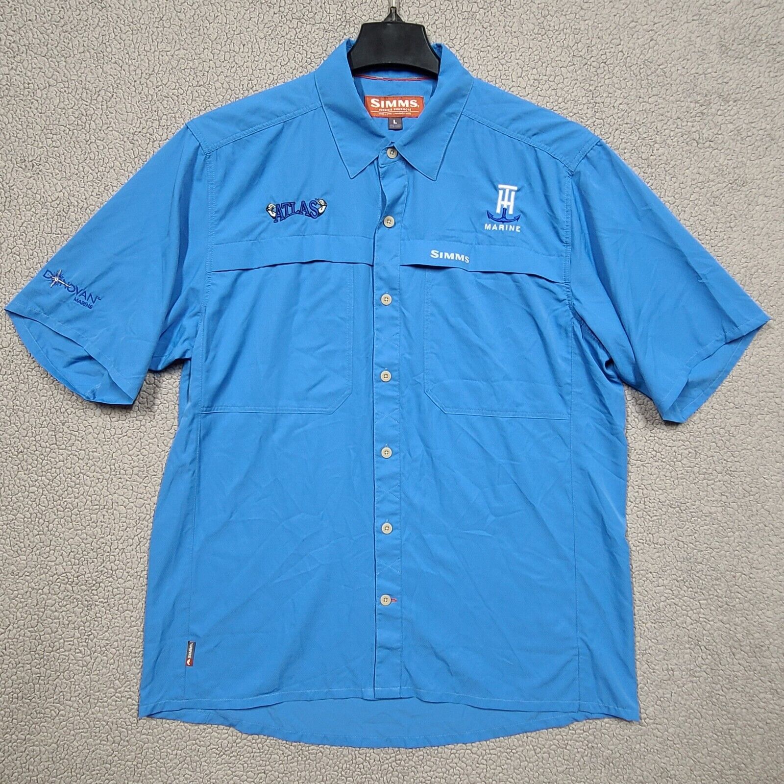 Simms Shirt Mens L Blue Ebbtide Short Sleeve Button Up Vented UPF50 Fishing Logo