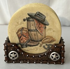 WESTERN THEME RESIN COASTER SET OF 4 - LEATHER LOOK HOLDER AND 4 COASTERS