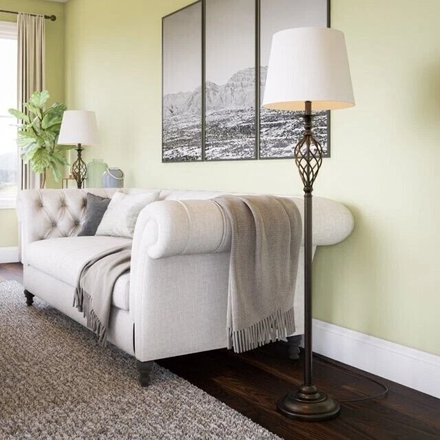 3-Piece Lamp Set | Bronze Metal Table & Floor Lamps with Beige Shades - Image 3 of 4