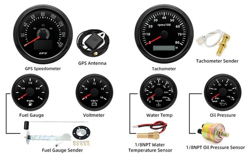 6 Gauge Set 85mm Black GPS Speedometer 160MPH Tacho&Fuel/Oil/Volt/Temp W/Sensor - Picture 8 of 9