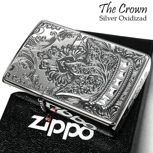 The Crown Antique Silver Brass Swarovski Zippo Oil Lighter MIB
