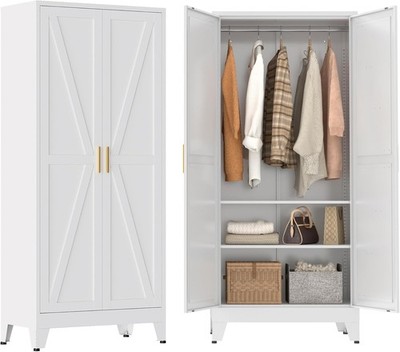 71'' Farmhouse Metal Wardrobe , Shelves, Hanger Rod - Bedroom Storage