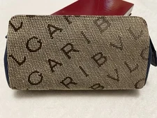 New Without Tag BVLGARI Blue Leather Beige LOGO Canvas Make Up Bag Case Clutch