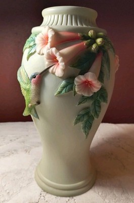 Ibis & Orchid Hummingbird Vase 10'' 3D Bird & Trumpet Flower Design Decor