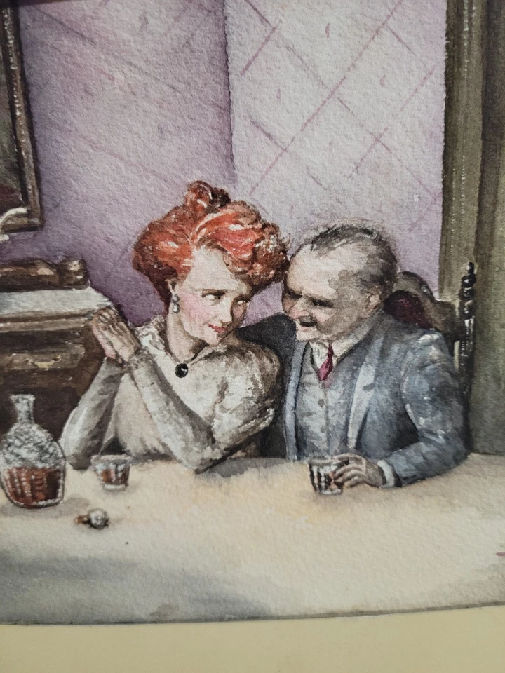 Винтажная акварельная картина мужчина/женщина пьющая за столом подписанная вода 81 - Изображение 3 из 4