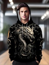 3D Gold Dragon Hoodie Black Mythic Beast Graphic Pullover Sweatshirt Unisex
