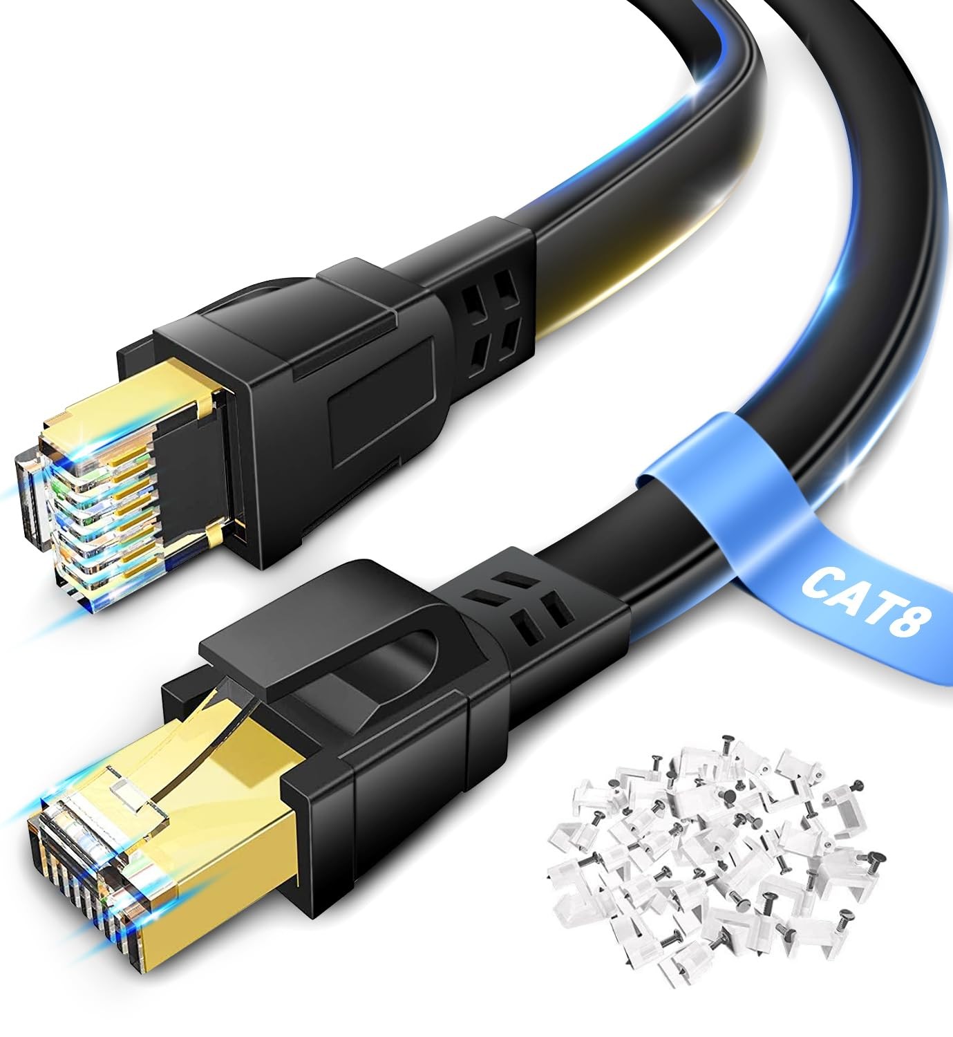 50ft Cat 8 Ethernet Cable - Flat Shielded 40Gbps High-Speed Network Cable