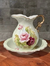 Decorative Mint Green FLORAL DESIGN Pitcher & Bowl Set Made In JAPAN