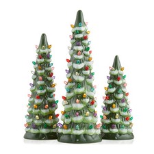 3 PC. Set 8/10/12" Ceramic Christmas Trees, Green Snow with Multicolor Lights