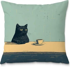 Black Cat Throw Pillow Covers 18x18, Aesthetic Black Cat Art Painting Decor 