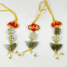 3PC Hand Carved Natural Jade Butterfly Pendant Knotted Cellphone Car Charm Strap