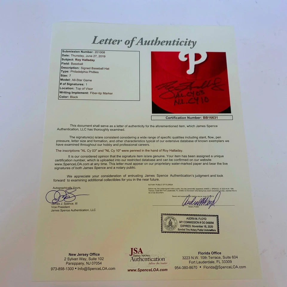 Roy Halladay AL Cy Young 2003 NL Cy Young 2010 Signed All Star Game Hat JSA COA - Image 4 of 4