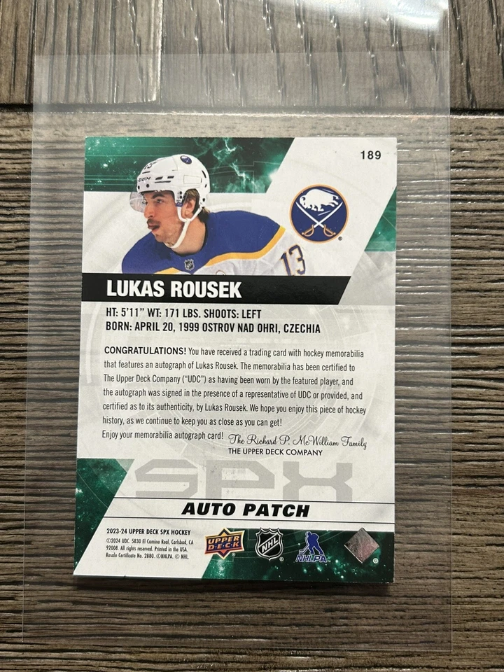 2023-24 UPPER DECK SPX LUKAS ROUSEK ROOKIE PATCH AUTO RPA ! 01/49 !!! 🦬 ⚔️ 🔥 - Image 3 of 3
