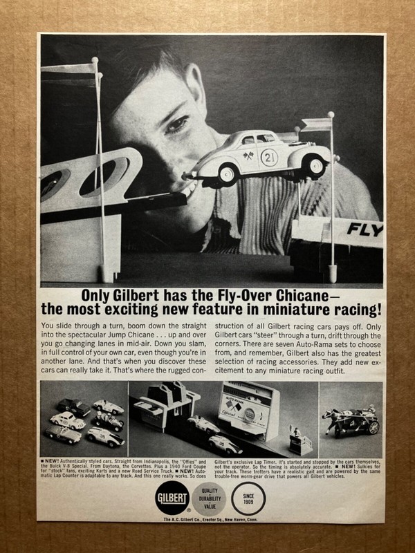1963 Gilbert “Fly-Over Chicane” Auto-Rama Slot Cars Original Print Ad 7 1/8”x10”