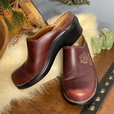 Ariat Brown Leather Clog Shoes Slip On Floral  Rose Detailed - Women's Size 6