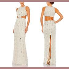 NWT $998 Mac Duggal [ 10 ] Pearl Embellished High Neck Cut Out Gown Nude #G1881