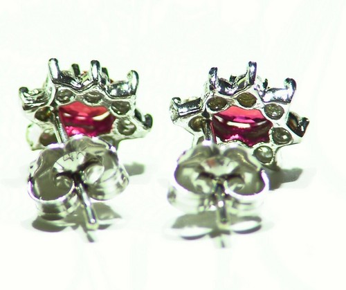 .92CT 14K Solid Gold Natural Ruby Diamond Halo Stud Engagement Earrings Vintage - Picture 4 of 5
