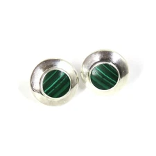 Boma Round Sterling Silver Post Earrings w/ Bezel Set Malachite