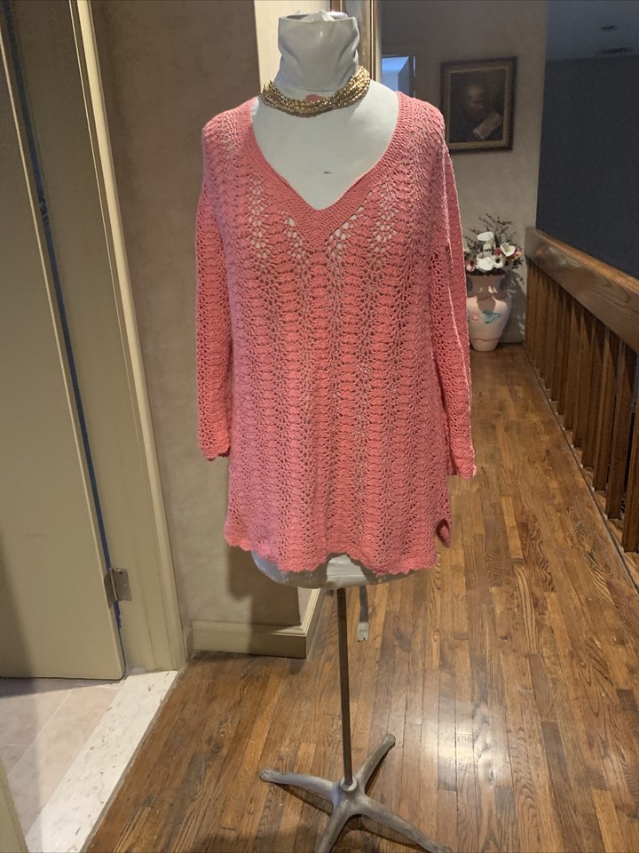KATE HILL PETITE LINEN/COTTON PINK CROCHET SWEATER VNECK SWEATER SZ