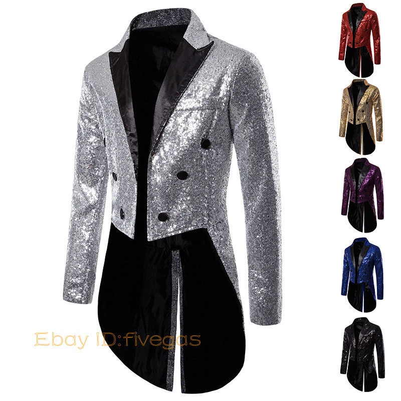 Men Shiny Sequin Jacket Tuxedo Tailcoat Wedding Prom Suit Magician Showman Cool - Image 3 of 4