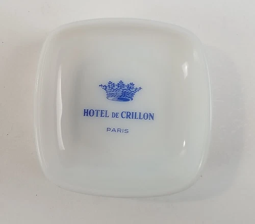 HOTEL DE CRILLON Paris Trinket Dish Ashtray Opalex Vintage Milk Glass Palace