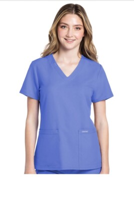 Cherokee Workwear Original Ultra Ladies V-Neck Top Light Blue Women s Size 2XL