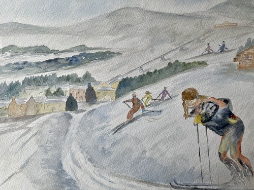 Vintage 90er Jahre Kunst / Aquarell Gemälde - Skifahren