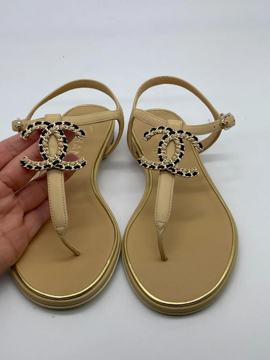 CHANEL 19C CC Logo Leather Thong T Strap Flat Sandals Shoes Beige $950