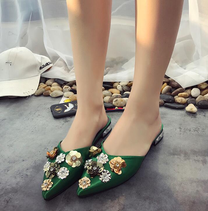 Fashion Womens Flats Flower Pointy Toe Slippers Shoes Low Heels