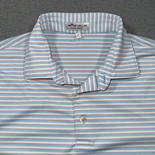 Peter Millar Summer Comfort Polo Shirt Men’s L Pink Blue Striped Polyester ARMS - Picture 3 of 16