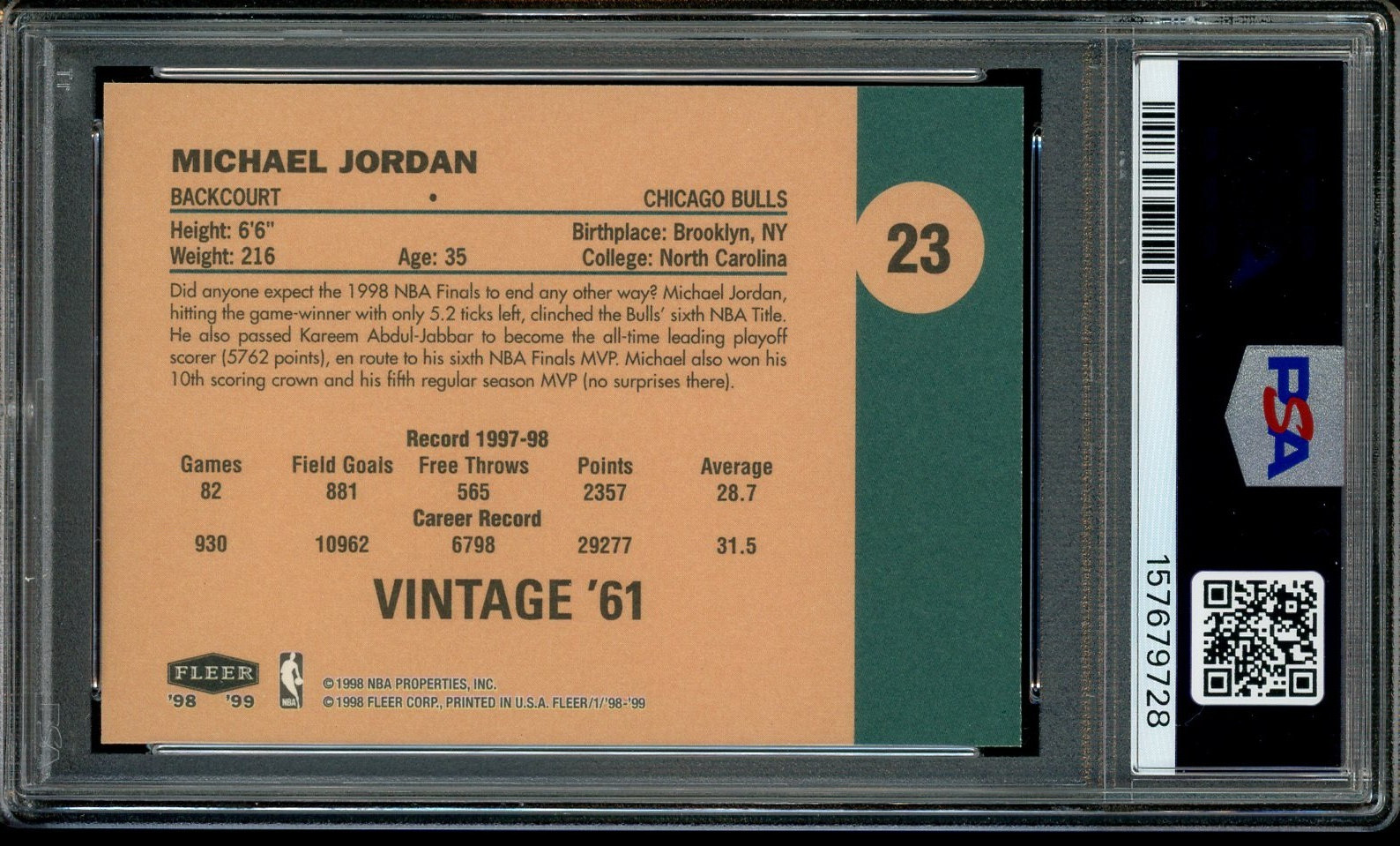 1998-99 Fleer Tradition Vintage '61 #23 Michael Jordan Chicago Bulls HOF PSA 10 view 2