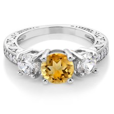 3.16 Ct Round Yellow Citrine Rhodium Plated Ring