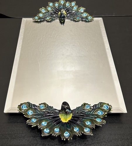 Vassoio vanità specchio pavone peltro strass smaltati vintage - Foto 5 di 15