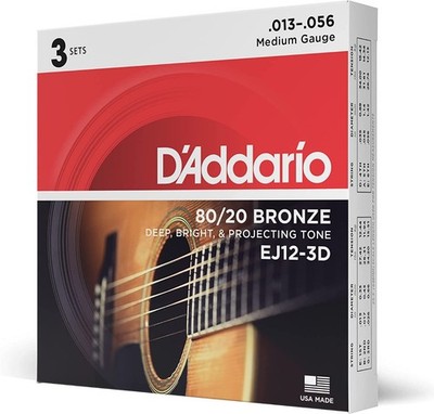 D'Addario EJ12-3D 80/20 Bronze, Medium 13-56 Acoustic Guitar Strings - 3 PACK