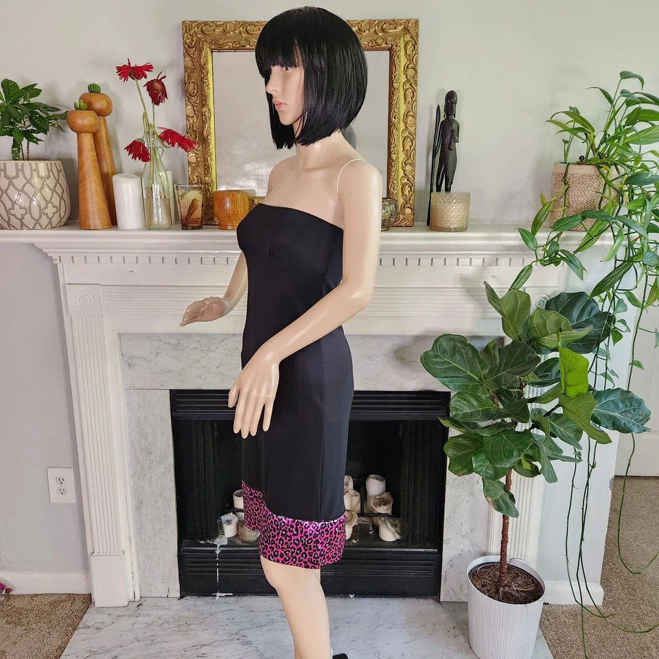 Vestido De Colección Años 80 Negro Sin Tirantes Talla Pequeña Rosa Guepardo Mob Esposa Lentejuelas Fiesta Foto 3 de 4