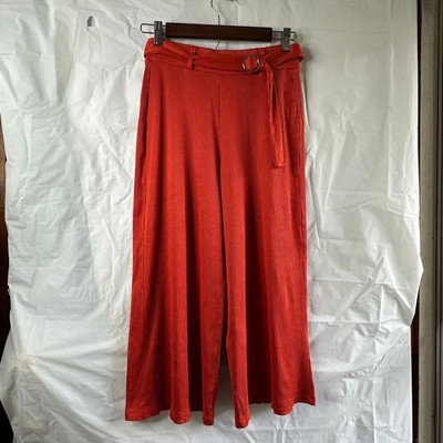 Bershka Medium Orange Woman's Wide Leg Ribbed Pull On Cropped Trousers Belted