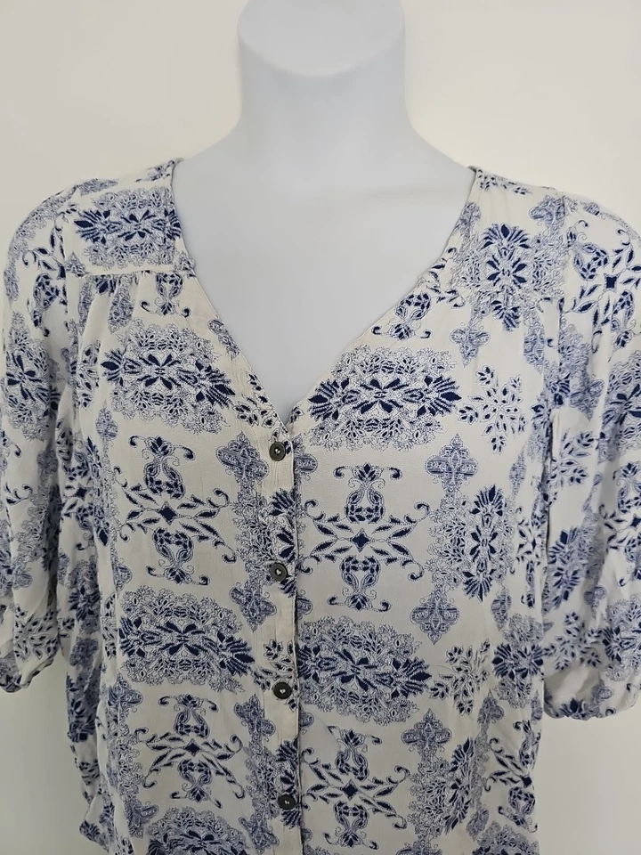 Blusa Vintage America Azul Botón Frontal Talla XL 3/4 Slv Azul Floral Foto 3 de 4