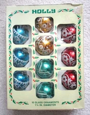 Vintage HOLLY 1¾" Glass BALL ORNAMENTS in Box Christmas Tree Feather