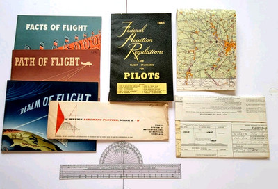 Lot 7 Vintage Aviation Items Training Books, Plotter, Flight Plan, Charts, Maps