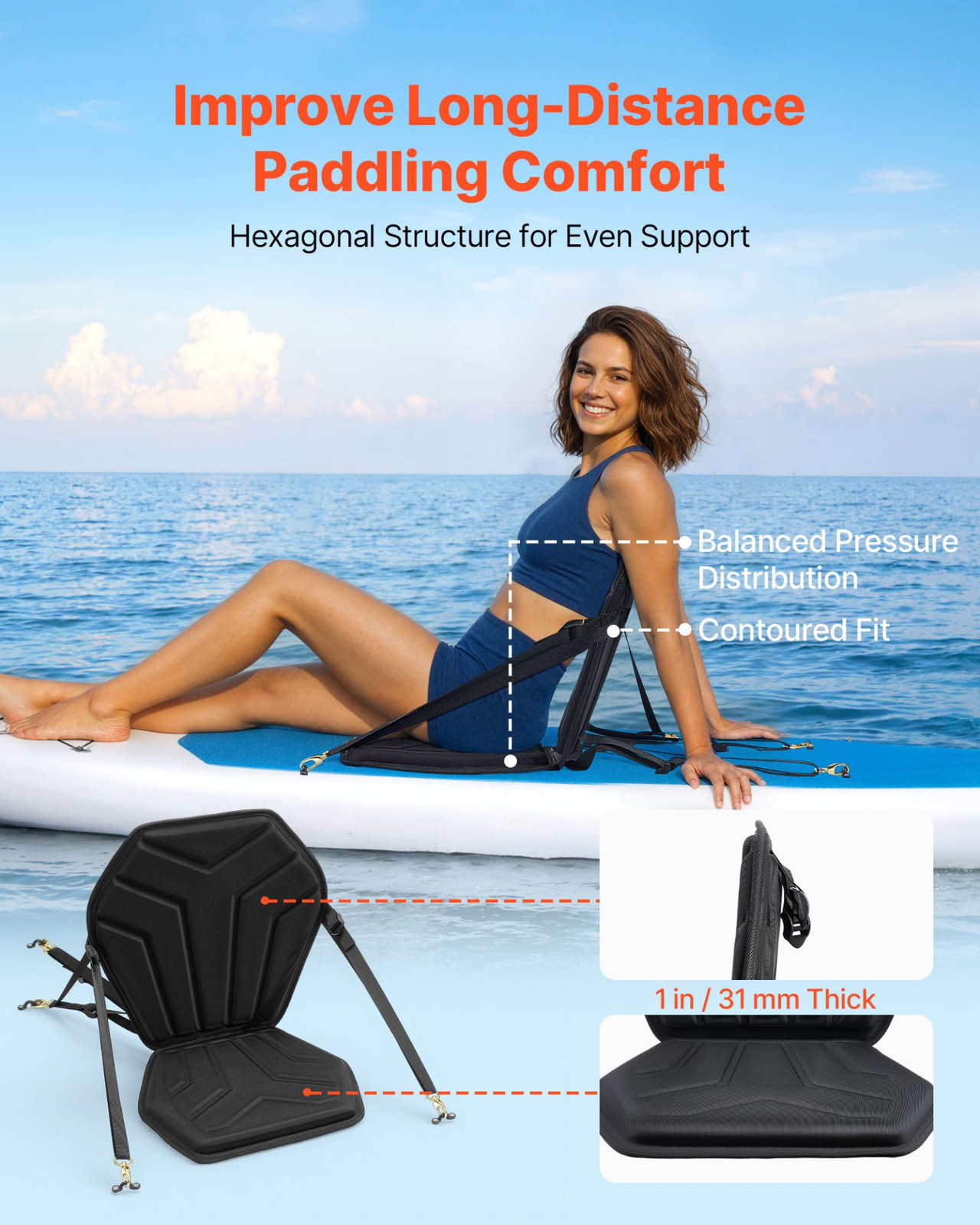 Seat Padded 1&rdquo; Thick W/ Back Support, Hexagon Cushion & Straps