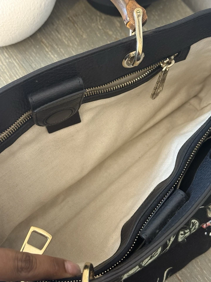 Gucci Black Flora Bamboo Shopper Handbag Kris Knight Medium Canvas Leather 2 Way - Image 4 of 4