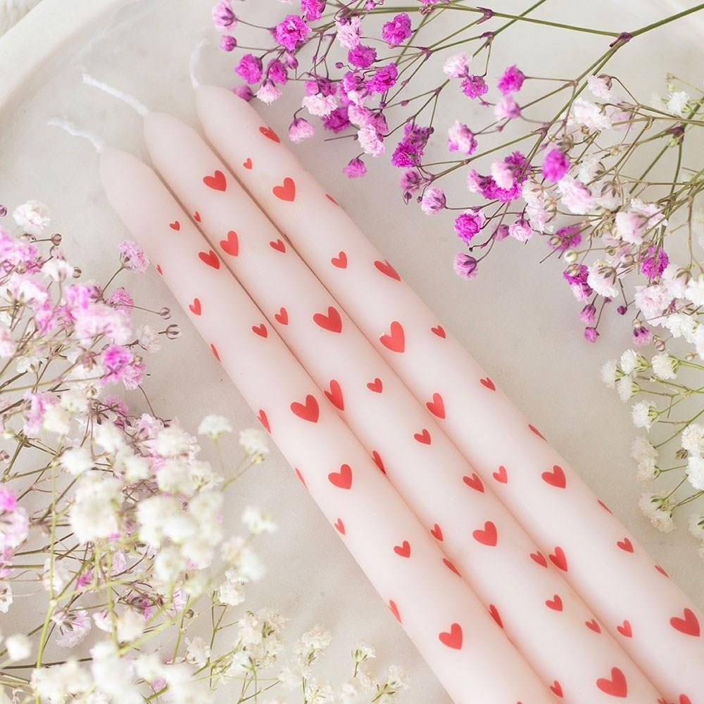 Set of 3 Love Heart Tapered Dinner Candles - Height 25cm - Paraffin Wax