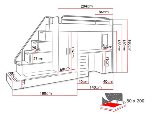 Hochbett Kinderbett mit Schreibtisch und Schrank! Jugendbett Raj V Modernes Bett - Bild 3 von 6